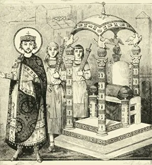 Drucke von Thron der byzantinischen Kaiser, 1890. Die Gründung von Konstantinopel im Jahr 330 n. Chr. markiert den Beginn des Byzantinischen Reiches mit dem ersten römischen Kaiser Constantine dem Großen Istanbul Drucke: Thron der byzantinischen Kaiser, 1890. Schöpfer: Unbekannt.