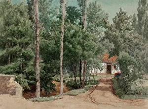 Holzrahmengebäude in einer mit Laubwäldern umgebenen Umgebung, 1856. Schöpfer: Werner Holmberg