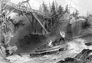 Drucke von Ein Holzrutsch und ein Brücke über den Ottawa River in Ontario Kanada 1842 William Henry Bartlett Drucke: Ein Holzrutsch und eine Brücke über den Ottawa River in Ontario Kanada 1842 Künstler: J Sands