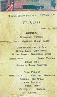 Der Titanic - Menü der zweiten Klasse zum Abendessen im Jahr 1912