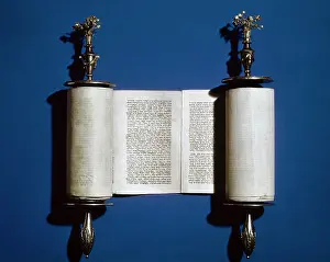 Blue Background Photography Drucke: Torah: Scroll of the Law and silver scroll holder, 2008. Creator: Unknown