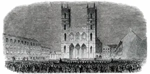 Victorian Gothic Architecture Drucke: Torch-Light Procession in the Place d'Armes, at Montreal, 1850. Creator: Unknown