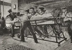 Drucke von Torpedo-Übung an Bord der HMS Thunderer, Vorbereitung zum Abschuss eines Whitehead-Fischtorpedos in Portland, 1878. Sie wurde in den späten 1860er Jahren von Robert Whitehead entworfen Torpedo Drucke: Torpedo-Übung an Bord der HMS Thunderer