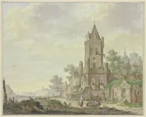 Aquarellierte Landschaften Drucke: Stadt mit einem alten Turm am Wasser
