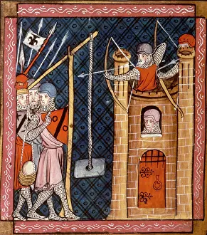 Medieval Fortifications Drucke: A trebuchet in use at a siege, c1340. Creator: Unknown