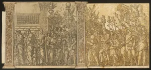Die Triumphen des Gaius Iulius Caesar, Nr. VII und VIII mit zwei Spalten, Rom um das Jahr 1599; Künstler: Andrea Andreani
