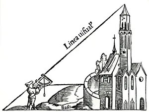 Drucke von Mit einem Quadranten und einer Plombe berechnet man die Höhe eines Turms durch Triangulierung im Jahr 1551 aus dem Werk 'Rudimenta Mathematica' von Sebastian Munster. (Basel, 1551) Sebastian Munster Drucke: Mit einem Quadranten und einer Plomben zu messen