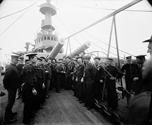 Early 20th Century Ships Drucke: U.S.S. Oregon, distributing mail, between 1896 and 1901. Creator: Unknown