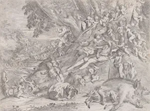 Venus und Adonis umgeben von vielen Putten ruhen nach der Jagd mit einem totem Schwein