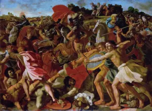 Drucke von Sieg Josuas über die Amalekiter, 1623. Biblische Szene: in Exodus 17:8-16 während der Auszüge, belagern die Amalekiter das israelitische Lager bei Rephidim, werden aber geschlagen Nicolas Poussin Drucke: Siege von Jericho durch Josua, 1623. Künstler: Nicolas Poussin