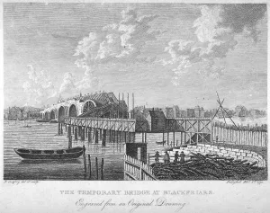 British Civil Engineering History Drucke: View of Blackfriars Bridge under construction, London, c1762 (1775). Artist: RB Godfrey