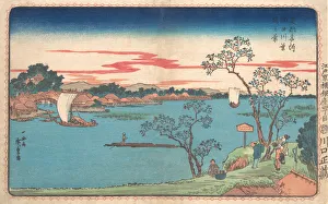 Polychrome Woodblock Art Drucke: A View of Cherry Trees in Leaf along the Sumida River, 1831. 1831. Creator: Ando Hiroshige