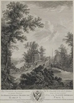 Russian Graphic Arts History Drucke: View of Connetable Square from the Stone Bridge in Gatchina