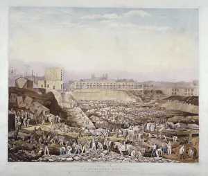 Thomas Telford Engineer Drucke: View of construction work at St Katherines Dock, Stepney, London, January, 1828