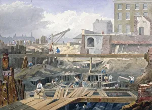 British Civil Engineering Drucke: View of the foundations being dug for the first arch of London Bridge, 1825