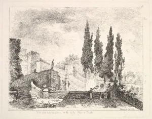 Drucke von Blick auf die Gärten der Villa d'Este im Tivoli mit Zypressen rechts und einer Treppe zum Schloss links; zwei Statuen an der Mitte der Treppe sowie drei Figuren in dem Garten rechts, 1764 Jean-Honore Fragonard Drucke: Blick auf die Gärten der Villa d'Este in Tivoli, Zypern-Treens rechts