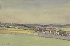 Aquarellierte Landschaften Drucke: Ansicht eines industriellen Dorfes mitten in Feldern und Wald