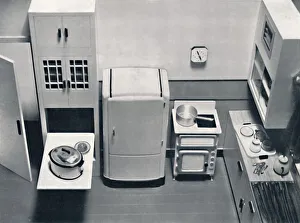 Retro Kitchen Decor Drucke: View of a kitchen, designed by H. M. V. Household Appliances, 1938