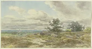 Nineteenth Century Watercolour Drucke: View over a plain, sawn-off tree trunks lying in the foreground