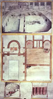 Ansicht und Pläne der römischen Bäder in Bath, Grafschaft Somerset, 1762. Künstler: William Hoare
