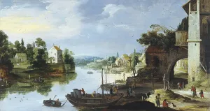 River Landscape Painting Drucke: View of a Village beside a River, unknown date. Creator: Master of the Monogram IDM