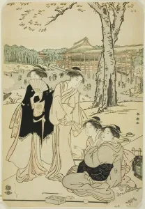 Cherry Blossom Season In Tokyo Drucke: Viewing Cherry Blossoms at Ueno, c. 1780 / 1801. Creator: Katsukawa Shuncho