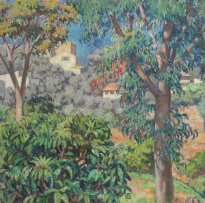 Fine Art Oil On Canvas Paintings Drucke: Villas Viewed Through Eucalyptus Trees