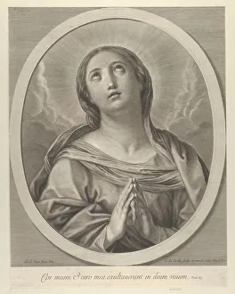 Christian Female Figures Drucke: The Virgin in prayer, looking up with clouds behind her, in an oval frame, after Reni