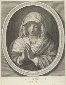 Christian Female Figures Drucke: The Virgin in prayer looking down, in an oval frame, after Reni, 1640-93