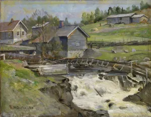 Rural Landscape Oil Painting Drucke: Waterfall at Stange in Hedmark, 1886. Creator: Gerhard Munthe