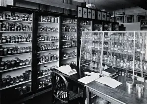 Das Wellcome-Gebäude, Euston Road, London: Arbeitsbereich in den Materia-Medica-Lagern, um 1930. Schöpfer: Unbekannt.