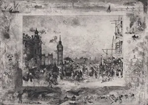 Palace Of Westminster Architecture Drucke: Westminster Bridge, or Westminster Clock Tower, 1860-98. Creator: Felix Hilaire Buhot