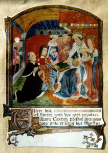 William Caxton Drucke: William Caxton, English printer, presenting a book to King Edward IV, 1477