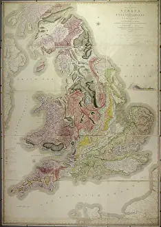 Die geologische Karte von William Smith aus dem Jahr 1815, genannt A Delineation of the Strata of England and Wales, mit Schöpfer: William Smith. Die geologische Karte von William Smith aus dem Jahr 1815, genannt A Delineation of the Strata of England and Wales.