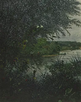 Riverbank Scenery Drucke: Willow Tree and Convolvulus in front of a River, 1865. Creator: Leon Bonvin