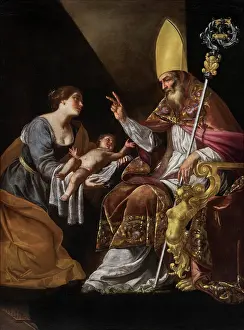 Drucke von Eine Frau präsentiert ihr Kind dem heiligen Blasius, Erste Hälfte des 17. Jahrhunderts. Privatsammlung Artemisia Gentileschi Drucke: Eine Frau präsentiert ihrem Kind den heiligen Blasius