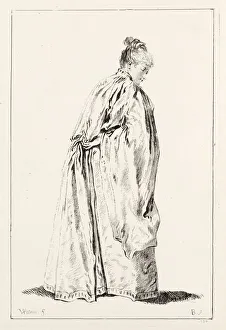 Drucke von Eine der luxuriösesten Gedenkzeichen für Jean-Antoine Watteau (1684-1721) war die Veröffentlichung von vier Bänden mit mehr als 600 Drucken (1726-35), nach allen Gemäldern und Zeichnungen Jean-Antoine Watteau Drucke: Frau im Stilstand / Künstler: François Boucher (Französisch, 1703–1770)