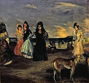 Drucke von Vier Frauen am Meer, um 1899. Ein Meisterwerk der Eleganz und Schönheit, vier Frauen stehen an der Küste, inmitten von Ruhe und Stille Z Drucke: Vier Frauen am Meer, um 1899