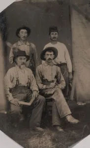White Background Black And White Photos Drucke: Four Workmen Holding Different Tools: Square, Hatchet, Wood Plane, and Trowel, 1860s-70s