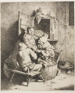 Ein junger Mann umarmt die junge Gastgeberin, ca. 1650. Schöpfer: Cornelis Bega