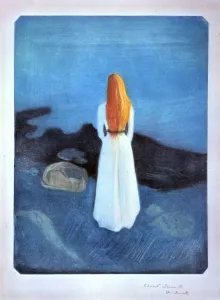 Drucke von Junges Mädchen am Strand im Jahr 1896. Im Bestand des Munch-Museums in Oslo (Norwegen) gefunden Edvard Munch Drucke: Junge Frau am Strand, 1896. Künstler: Edvard Munch