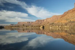 Colorado River Reflections Drucke: Cliffs reflected in river, Hittle Bottom, Colorado River, near Castle Valley, Utah