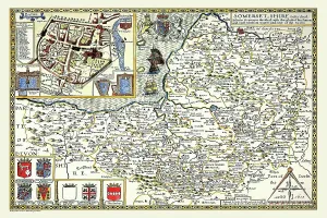 Somerset Drucke: Alte Grafschaftskarte von Somersetshire 1611 von John Speed.