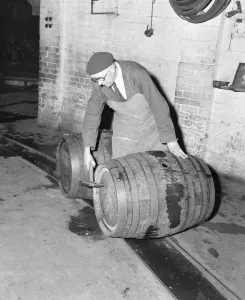 Vintage Brewery Scene Drucke: Using tools that have not changed for generations, Mr Harold George makes his inspection