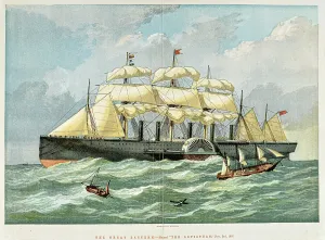 Drucke von Farbige Drucke zeigen die Great Eastern auf See mit kleineren Schiffen im Vordergrund. Umschrieben: The Great Eastern - Benannt Der Leviathan, 3 November 1857 Bilder Zur Allgemeinen Maritimen Geschichte Drucke: Der Große Osten - Benannt Der Leviathan.
