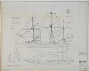 Drucke von Mayerblume. Linienplan (reine Planung, halbbrüstige Planung, Körperplan), allgemeiner Anordnung (Profil, halbe-Tiefe-Plan) und Segelplan. Skala 3/16 Zoll zu 1 Fuß Alle Bilder Drucke: Mayflower