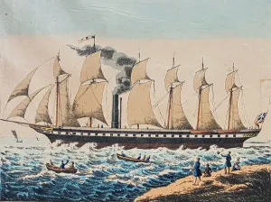 Drucke von Ein naives, farbiges Druckbild der SS Great Britain aus dem Jahr 1845. Das Schiff wird in einem Hafenprofil gezeigt mit allen Segeln gesetzt und Rauch kommt aus dem Schornstein Bilder Zur Allgemeinen Maritimen Geschichte Drucke: Die SS Great Britain, 1845.