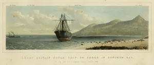 Drucke von Dieses Druck zeigt die SS Great Britain nachdem sie in Dundrum Bay kentert war in einer nebligen Nacht im Jahr 1846 Bilder Zur Allgemeinen Maritimen Geschichte Drucke: Die SS Great Britain am Strand in Dundrum Bay, 1846.
