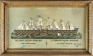 Drucke von Ein auf einem Rahmen befestigtes Textil, wahrscheinlich Seide, mit einer Stickerei, die die SS Great Eastern zeigt. In einem prächtigen vergoldeten Viktorianischen Rahmen gehalten Bilder Zur Allgemeinen Maritimen Geschichte Drucke: Der Leviathan