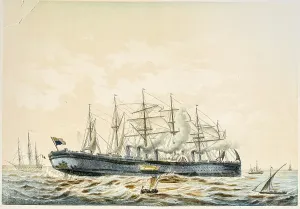 Drucke von Eine farbige Druck zeigt die SS Great Eastern auf See mit kleineren Schiffen um sie herum Bilder Zur Allgemeinen Maritimen Geschichte Drucke: Die SS Great Eastern